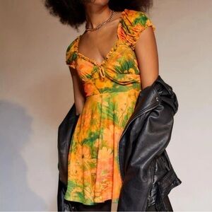 UO Audrey Mesh Mini Dress | Green and Orange Floral